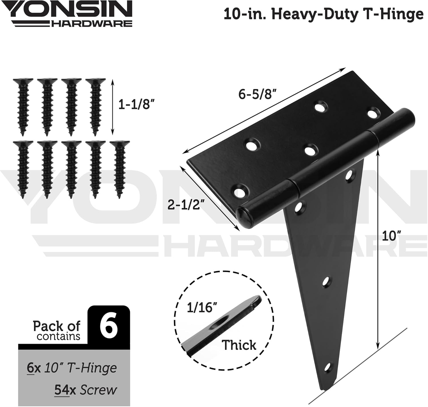 10" T-Strap Shed Door Hinges 6Pcs, Heavy Duty Black Tee Hings for Wooden Fence Gate, Outdoor T Hinges Barn Door Gate Hinges Hardware, Wrought Hinges Hardware, Thickness 2mm