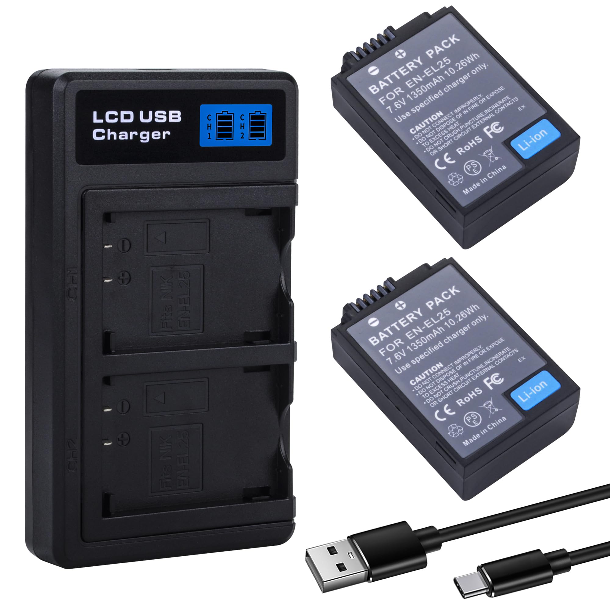 2-Pack EN-EL25 EN-EL25A Battery with Dual Battery Charger for Nikon Z30 Z50
