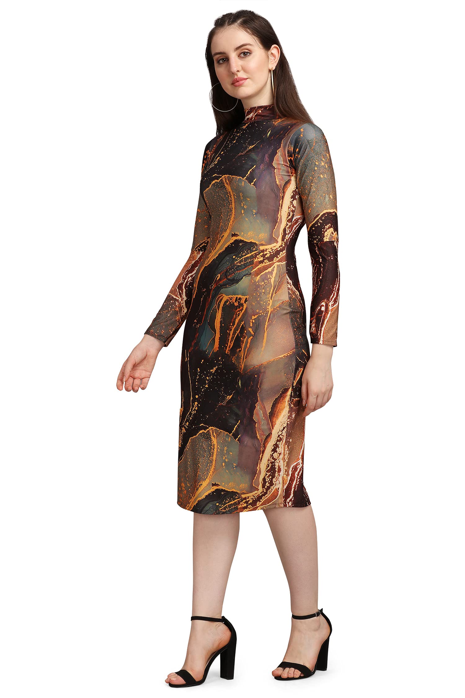 Purvaja Women's Polyester Blend Bodycon Knee Length Cocktail Dress (Siri-Turtle-Brown-M