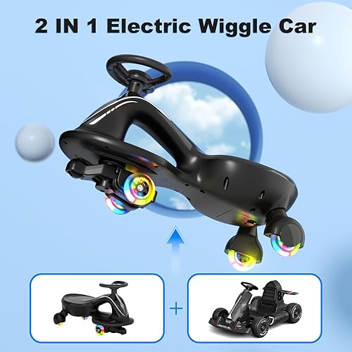 Vista 23 de Glaf Coche eléctrico Wiggle con pedal, batería recargable, juguete eléctrico para niños, auto eléctrico 2 en 1 con ruedas intermitentes antivuelco
