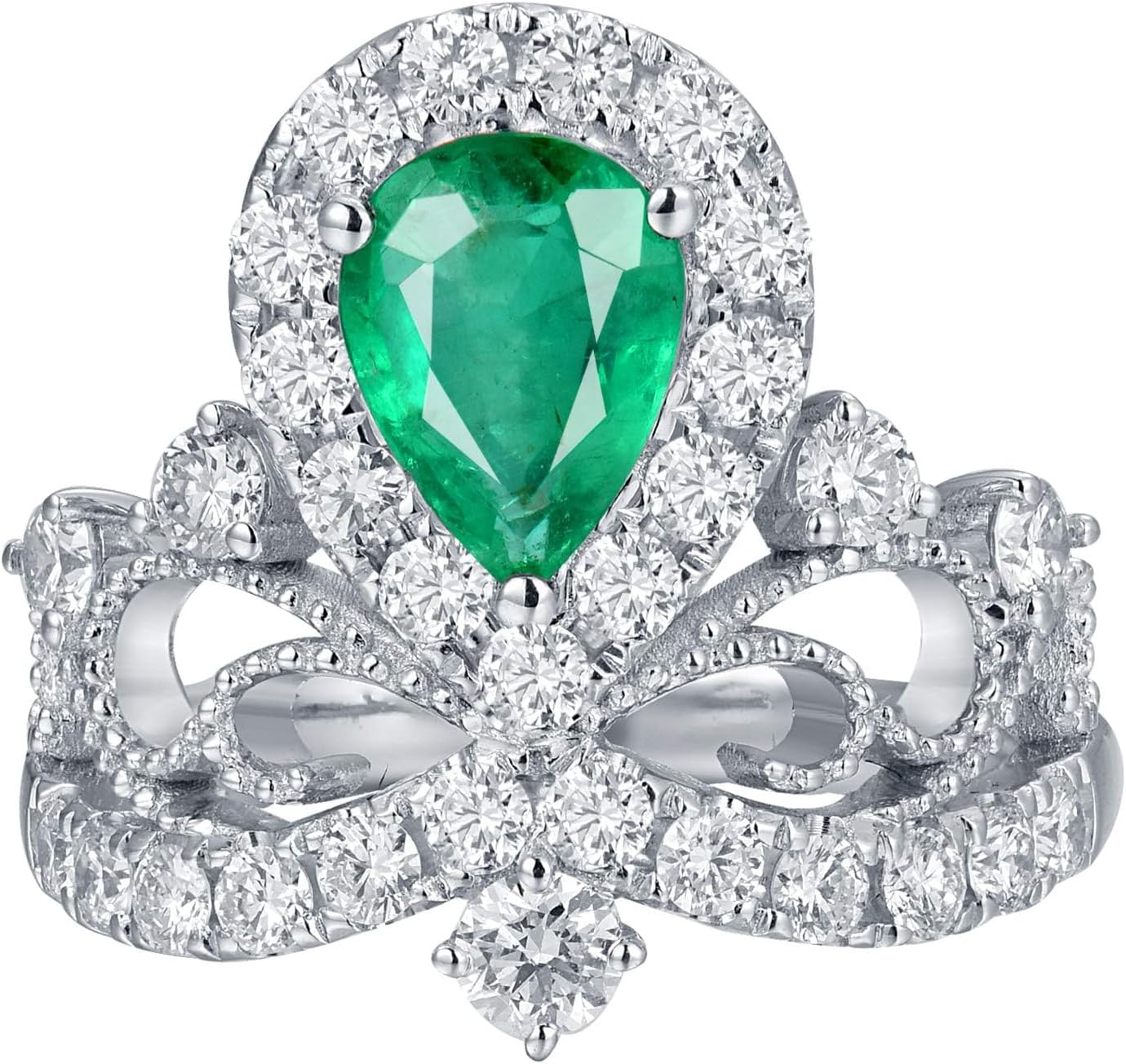 Emerald Ring For Women, 14K White Gold Rings - Green Emerald Ring with Diamond, Natural Genuine Emerald Rings & Real Diamond Gemstone Rings For Couple Engagement Ring