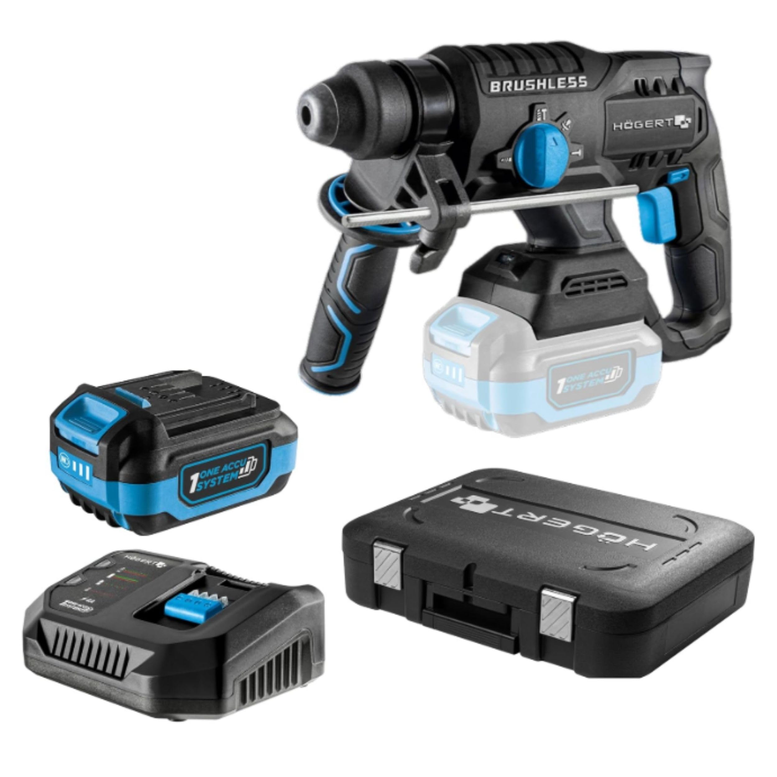 HÖGERT TECHNIK Martillo perforador a batería brushless 18V, 2,0 J, función cincelado, batería 4,0 Ah, cargador 4A, engranaje metálico, LED