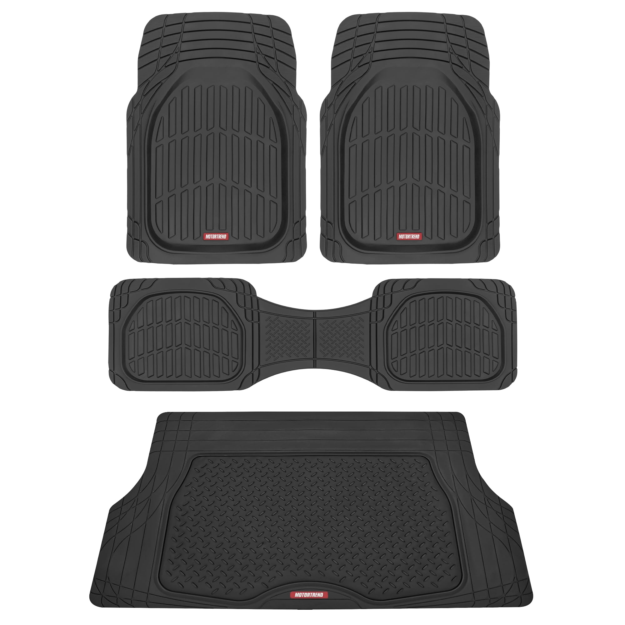 Motor Trend Original FlexTough Black Rubber Car Floor Mats with Cargo Liner - All Weather Automotive Floor Mats, Heavy Duty Trim to Fit Design, Odorless Floor Liners for Cars Truck Van SUV