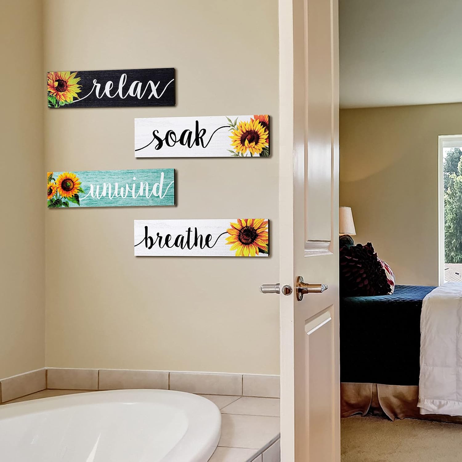 Jetec 4 Pieces Sunflower Bathroom Decor Kitchen Decoration Farmhouse Wall Signs Rustic Sunflower Bathroom Wall Art Wooden Signs(Gray White Blue)