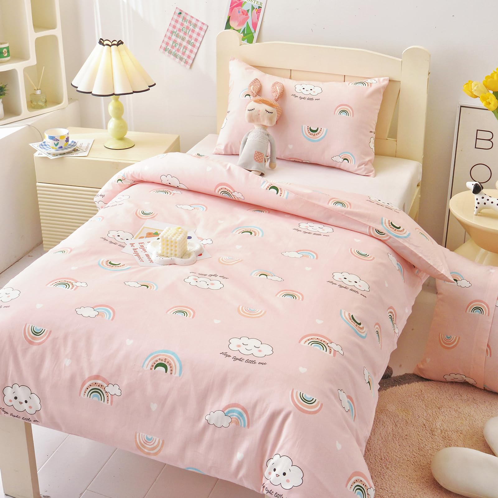 HMtideby Pink Rainbow Toddler Kids Bedding Set for Girls Cot Bed Duvet Cover with Pillowcase, 2 pcs, 120 x 150 cm - Image 3