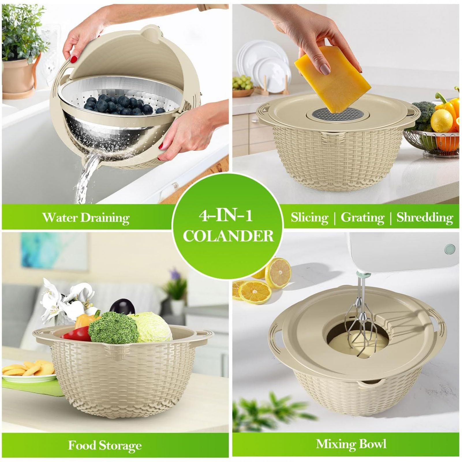 Luqeeg 4 in 1 Sieb mit Rührschüssel für die Küche, Lebensmittelsieb mit Schneidwerkzeugen, drehbares Sieb, Salatschleuder, Obstreiniger, Gemüsewaschmaschine, Home Essential
