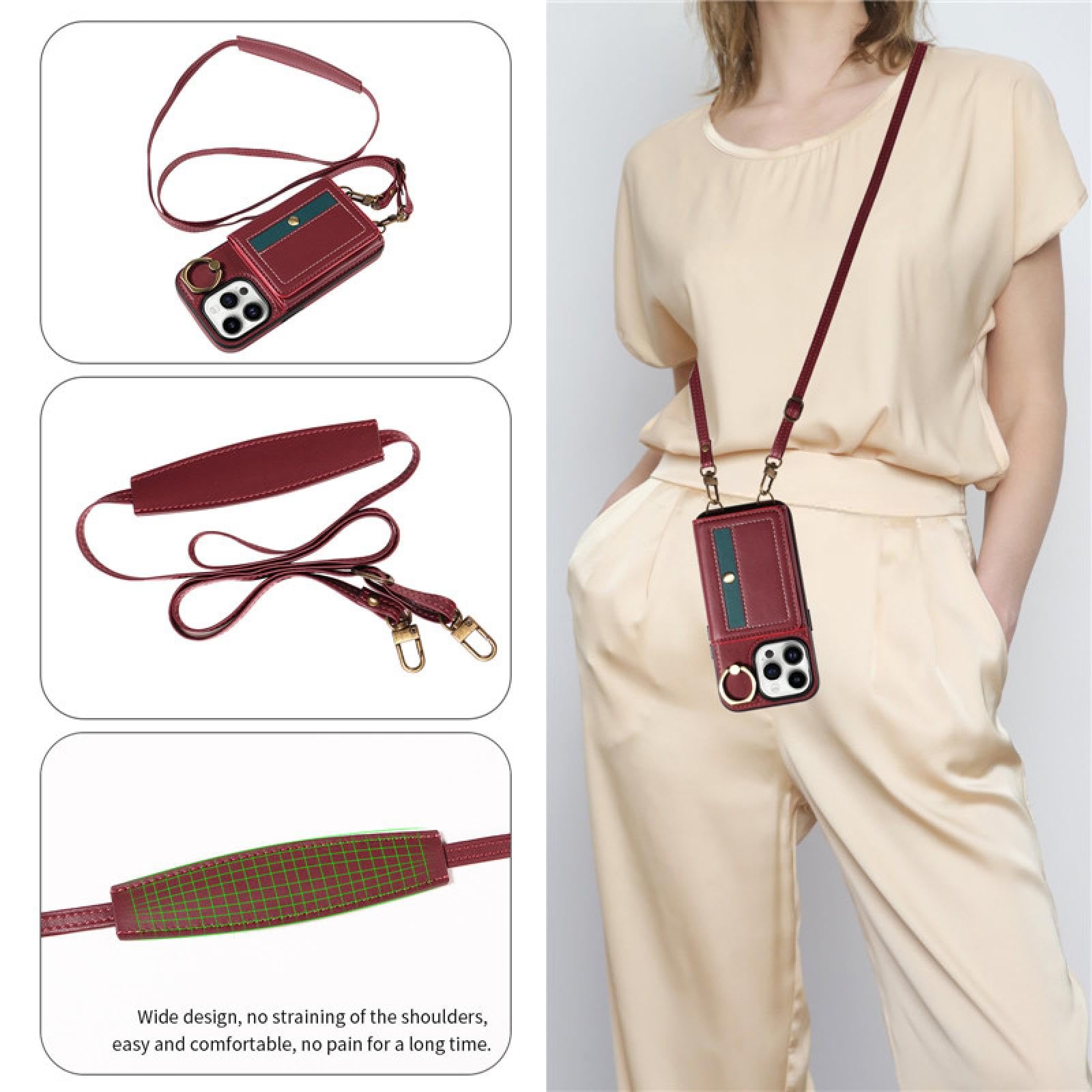 Do Samsung S24 Plus Luksusowy Pierścień Skórzany Portfel Crossbody Etui na Karty Telefony Smycz Klapka (Do Samsung S24 Plus/Czerwony)