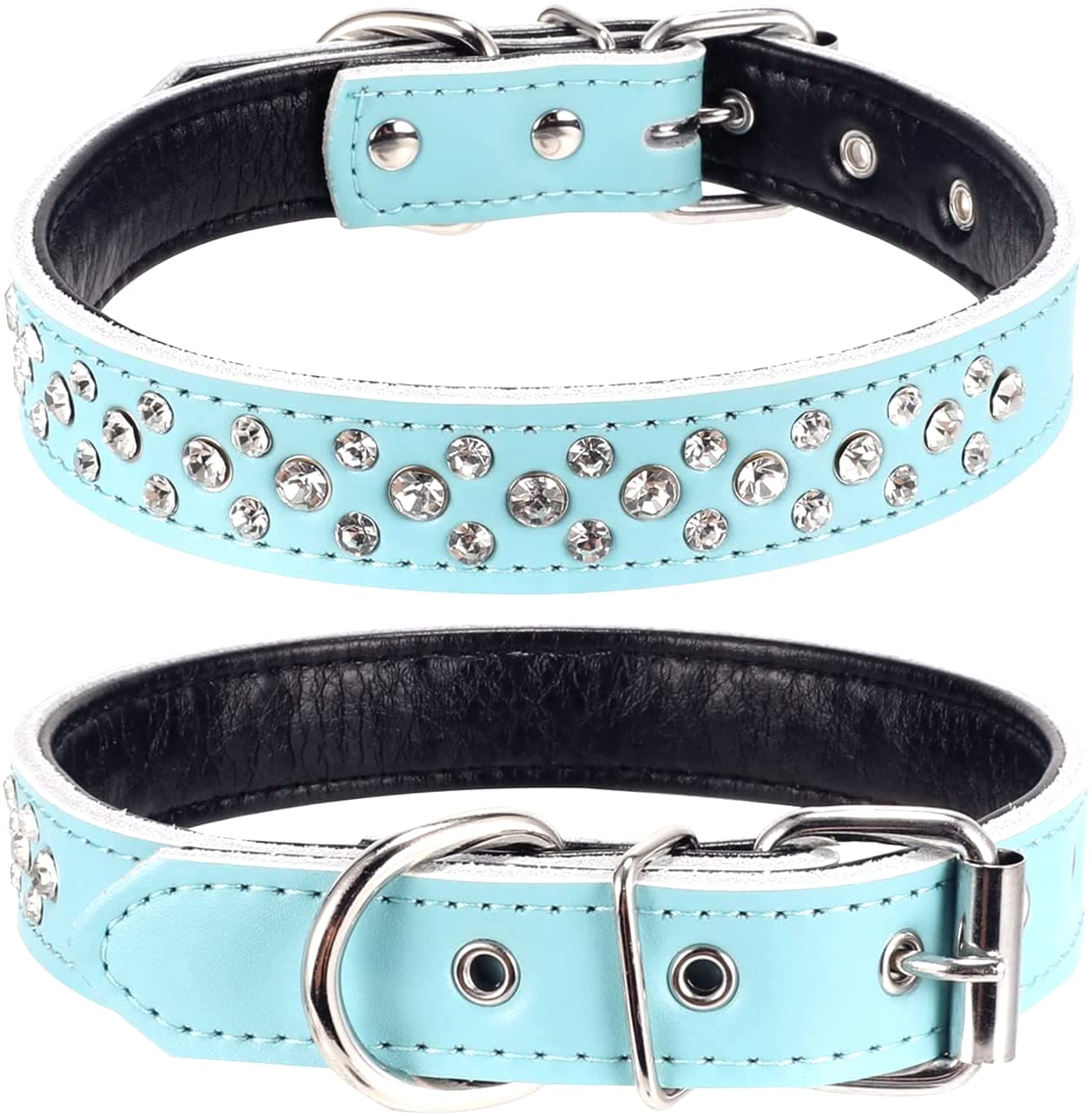 Bbmmayy Rhinestones Dog Collar, Adjustable Sparkly Crystal Studded Genuine Leather Pet Dog Collar for Small and Medium Breeds (L fit Neck 14.5-18",