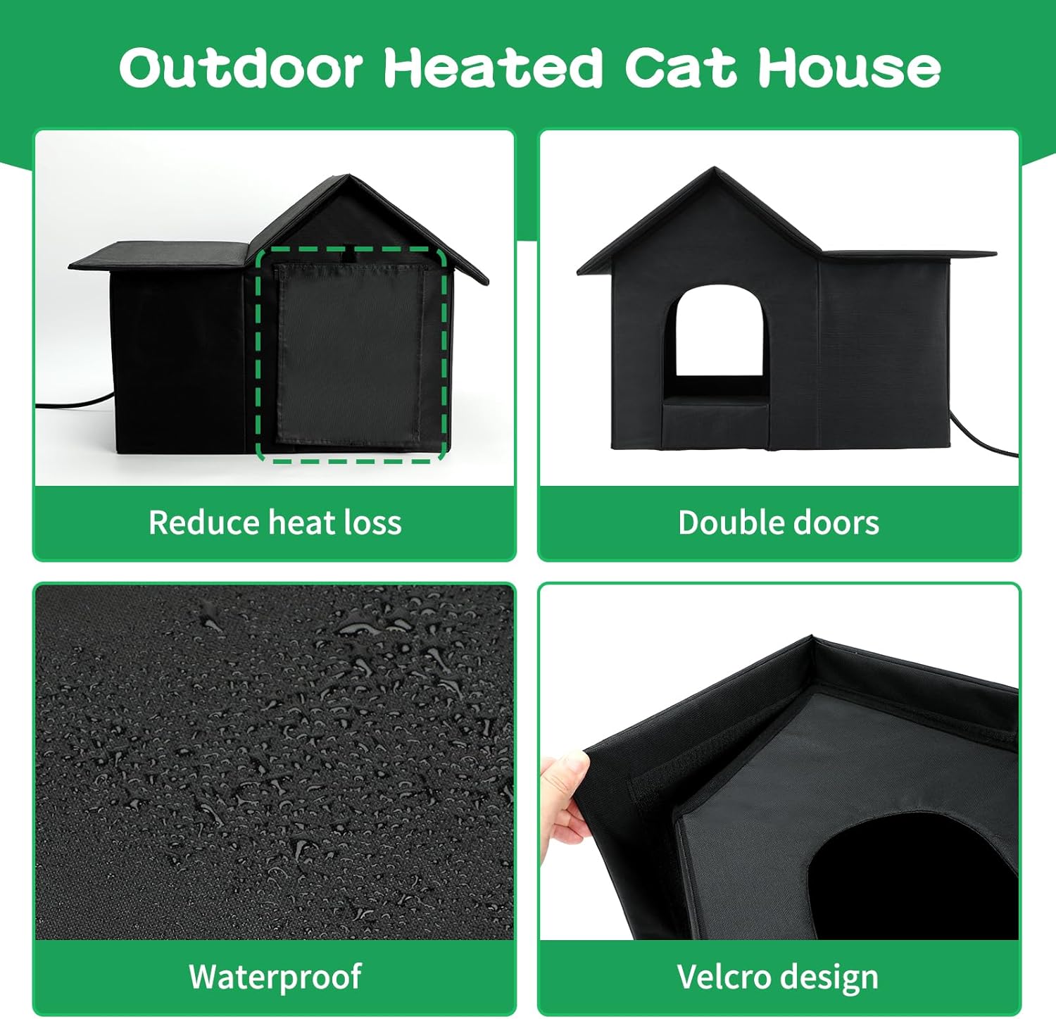 Large Heated Cat House for Outside, Outdoor Cat House Weatherproof for Winter with Pet Heating Pad, Warm Feral Cats Shelter for Multiple Cats 19.7 ×13.4 ×16.1 Inches (Black)