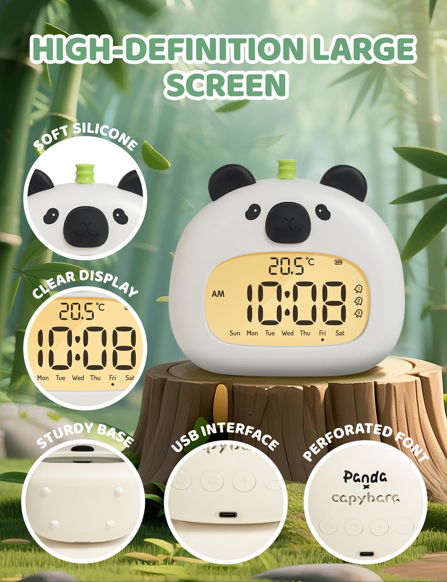 IHALO Simpatico sveglia per bambini, sveglia da comodino con panda luce notturna digitale, display a LED, 3,15 pollici, tre allarmi, modalità weekend, data, ora, temperatura, ricaricabile, decorazione