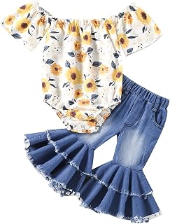 Toddler Girl Bell Bottoms Outfits Sunflower Off Shoulder Romper Onesie Denim Flared Pants Summer Jean Outfits