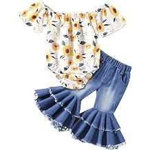 BULINGNA Infant Baby Girl Bell Bottoms Outfit Sunflower Off Shoulder Romper with Flare Jeans Summer Clothing Set