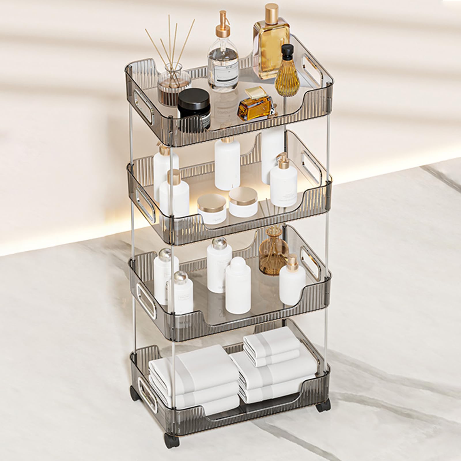 Carrello multiuso grigio a 4 ripiani con serratura in acrilico per cucina e bagno, scaffale multifunzionale per soggiorno e ufficio, facile mobilità