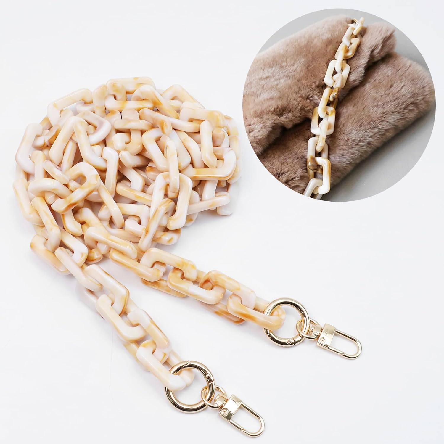 47.24"/120cm DIY Acrylic Resin Replacement Chain Purse Shoulder Strap with Buckle, Beige Rectangle Chain Link - Image 7