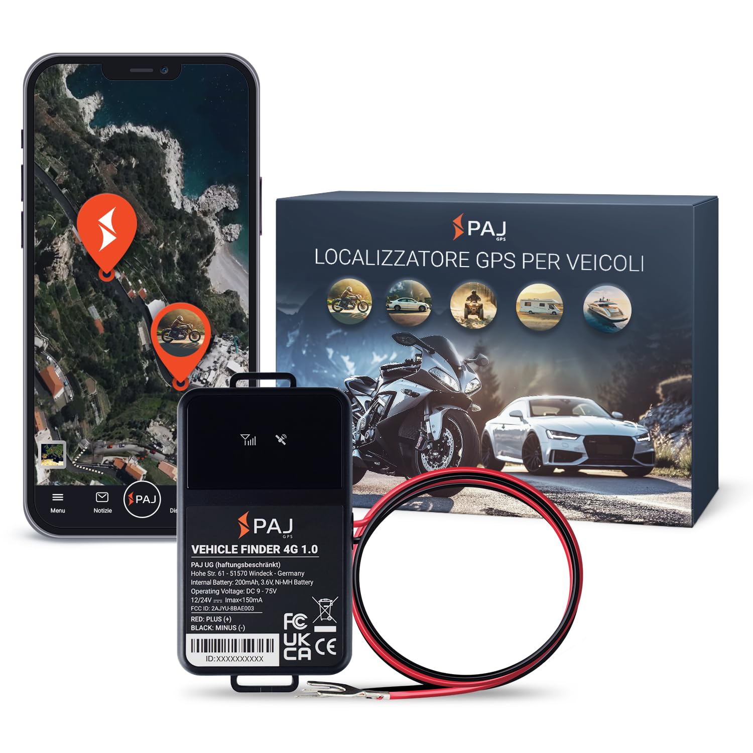 PAJ VEHICLE Finder 4G 1.0, Localizzatore GPS per Moto, Auto e altri Veicoli, Collegamento Diretto alla Batteria, Tracciamento in Tempo Reale, Perfetto per la Gestione delle Flotte Aziendali
