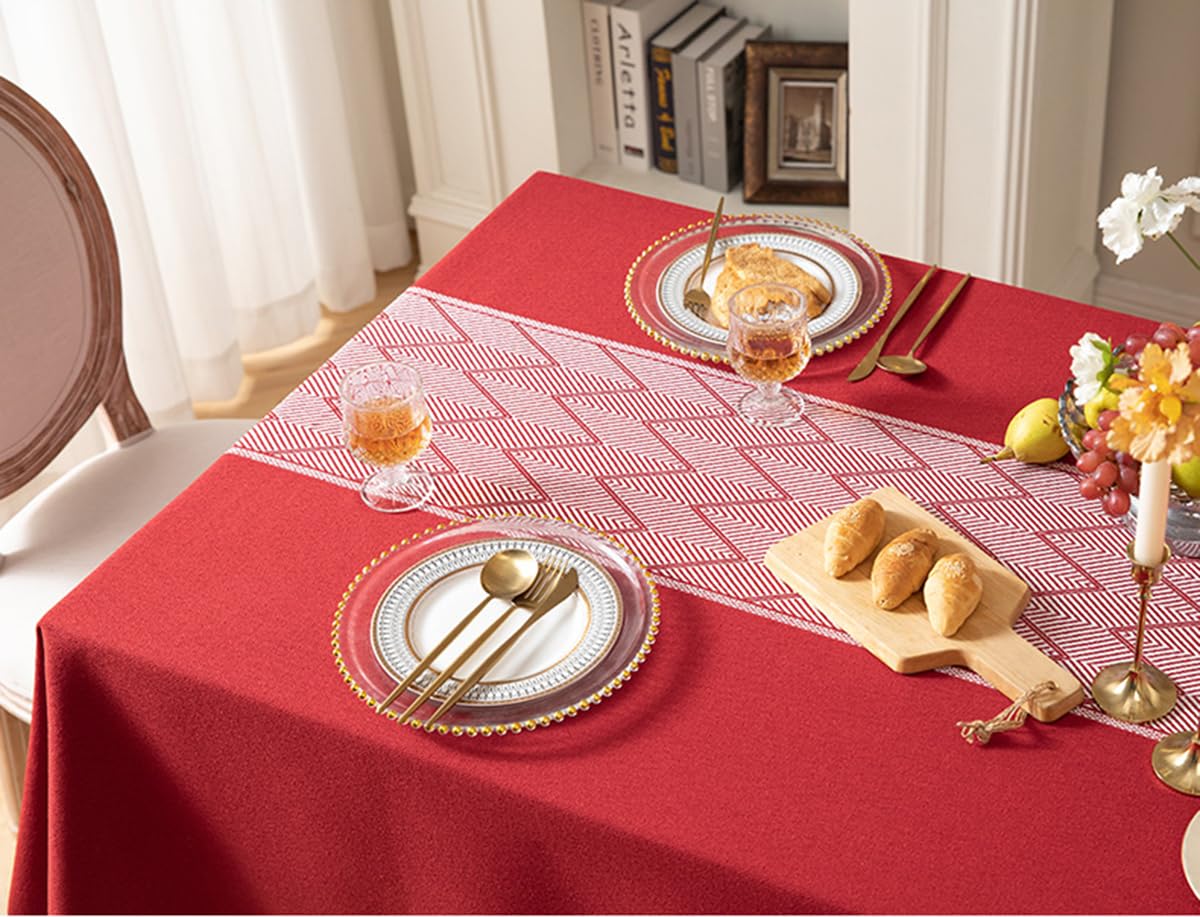 Mantel de algodón y lino con flecos para cocina, comedor y mesa de café, lavable a máquina, rojo, 140 x 260 cm