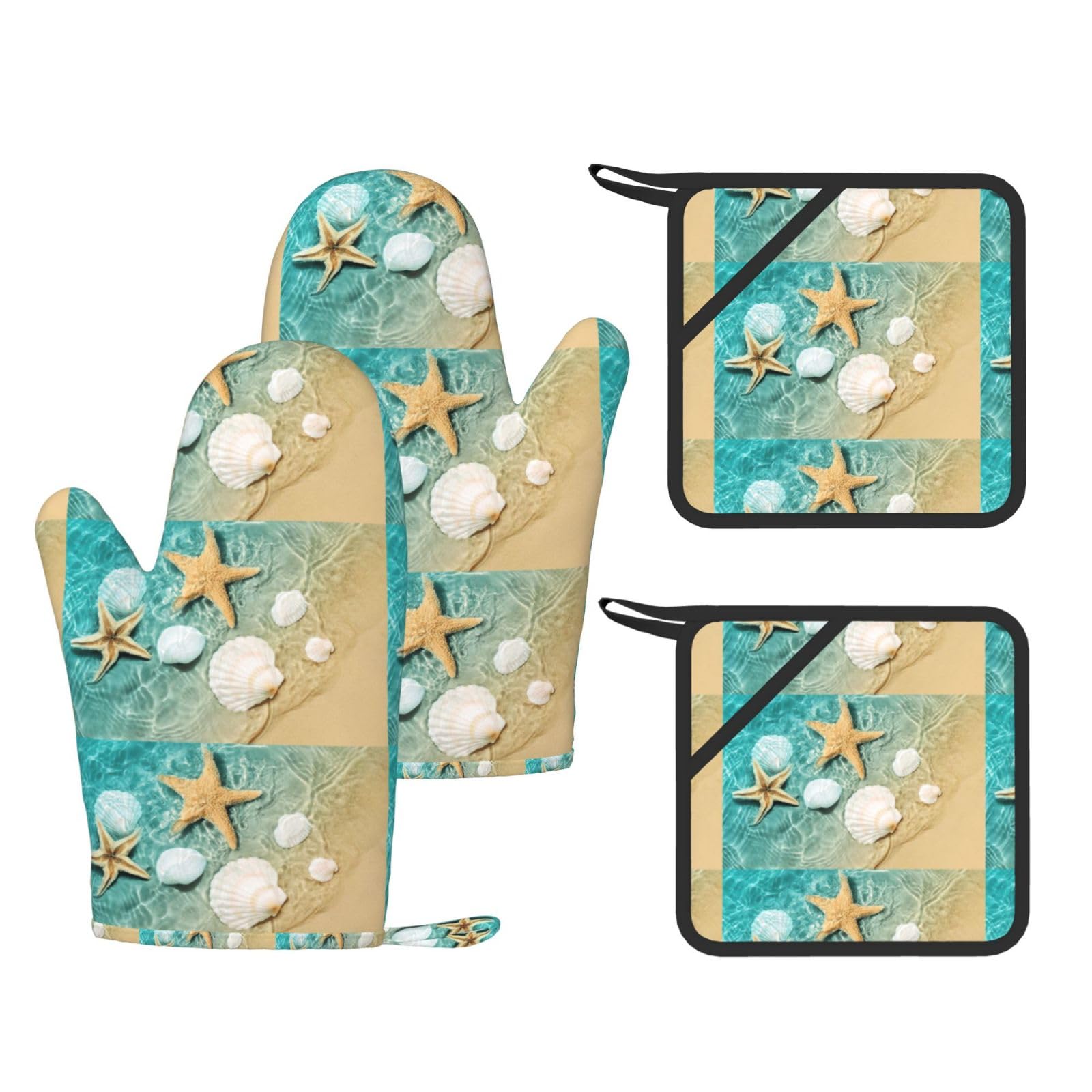 Beach Starfish Scallop Fashion Printed Kitchen Kit with Heat Resistant Oven Mitts & Non-Slip Hot Pads for Baking
