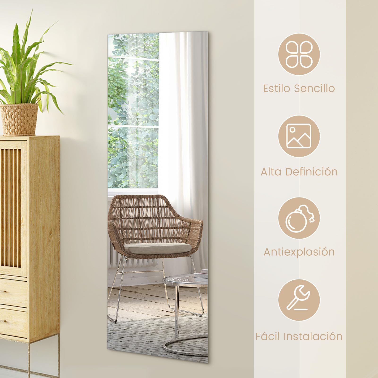 RELAX4LIFE Espejo Cuerpo Entero Pared 110x38cm, Espejo Rectangular sin Marco de Cristal Antiexplosión para Dormitorio, Salón y Recibidor, Montaje Vertical y Horizontal, Espelho Corpo Inteiro