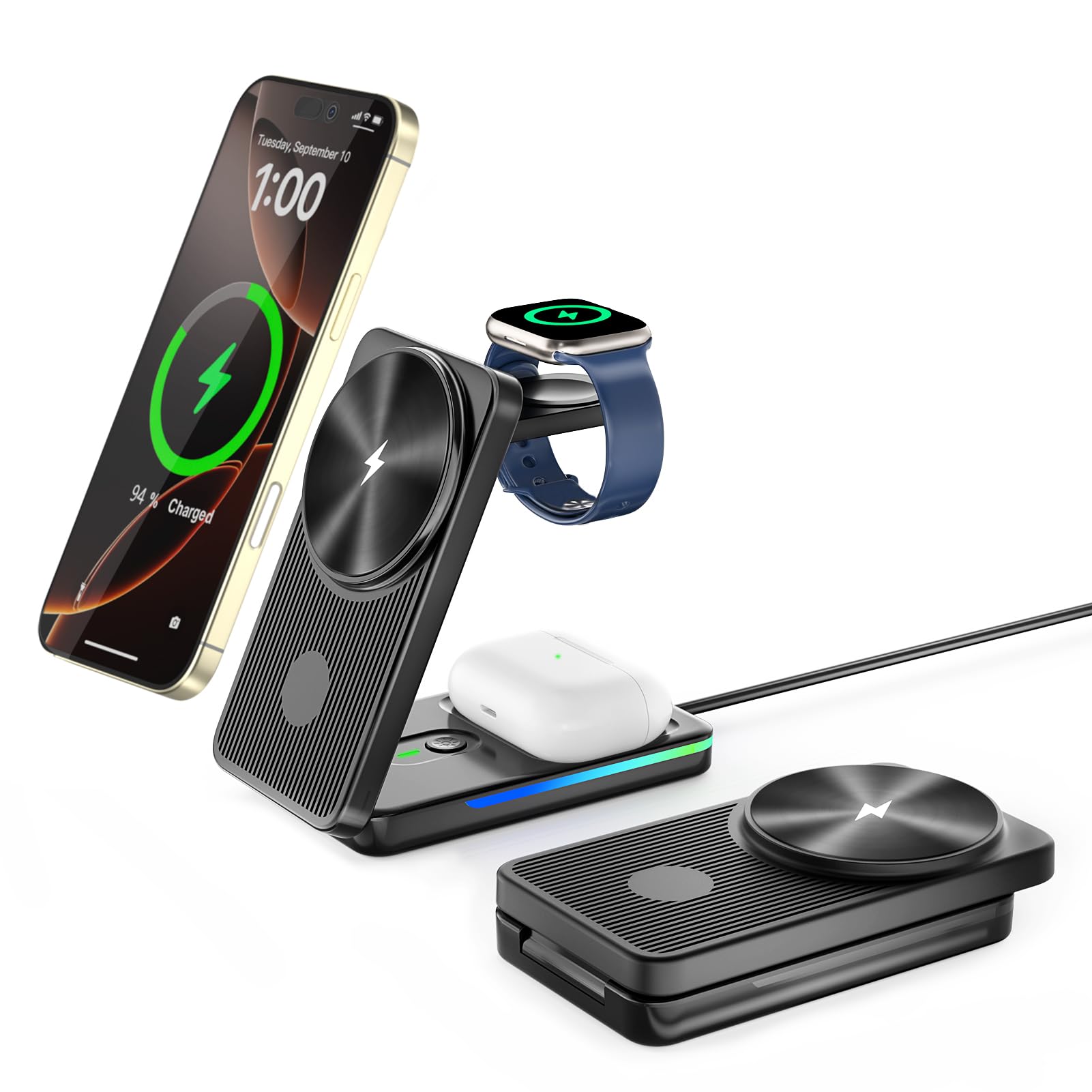 3 in 1 Magsafe Charger Stand, Mag Safe Charging Station for Apple Charging Station, Wireless Charger for iPhone 16/15/14/13/12, Wireless Charging Station for iWatch 10/Ultra/9/8 for Airpods 4 (Black)