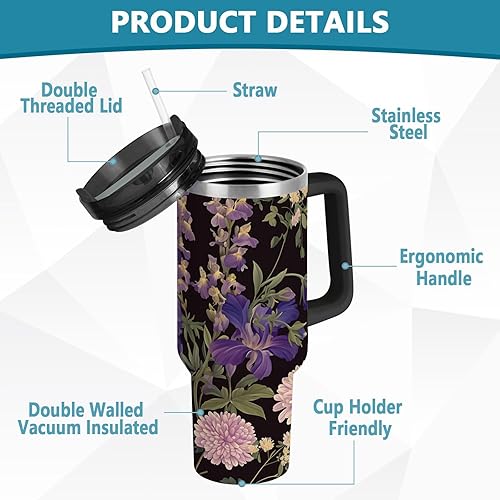 Miniatura 4 de Garden Daisy - Botella de agua reutilizable al vacío para niños con tapa y pajita, taza de café decorativa de 40 onzas para agua, té helado o café,