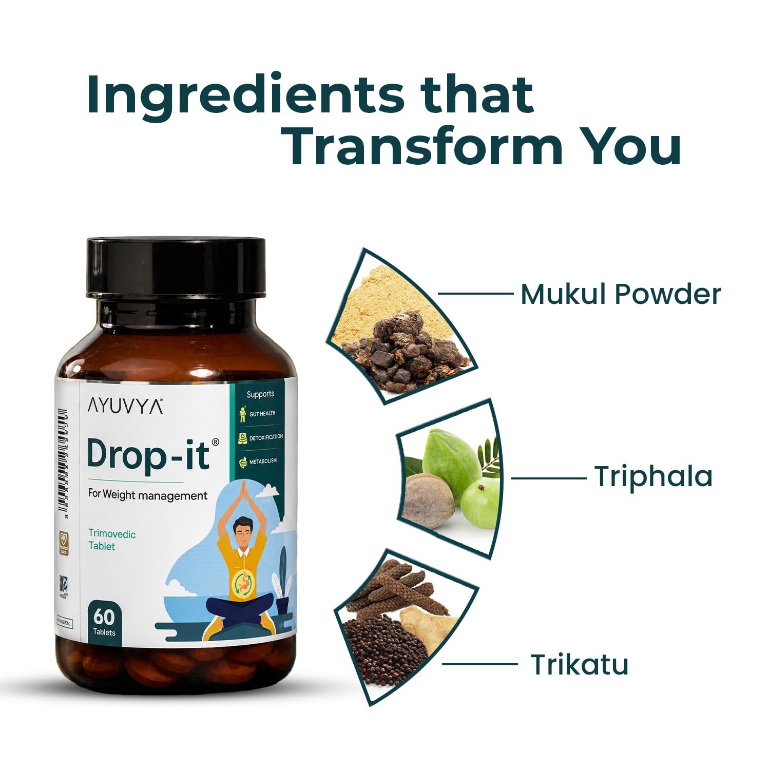 Ayuvya Drop It Ayurvedic Fat Burner | Supports Weight Loss, Improves Digestion, Slimming & Health Balance | 60 Capsules for Men & Women (Pack of 2) | As Seen on Shark Tank 3