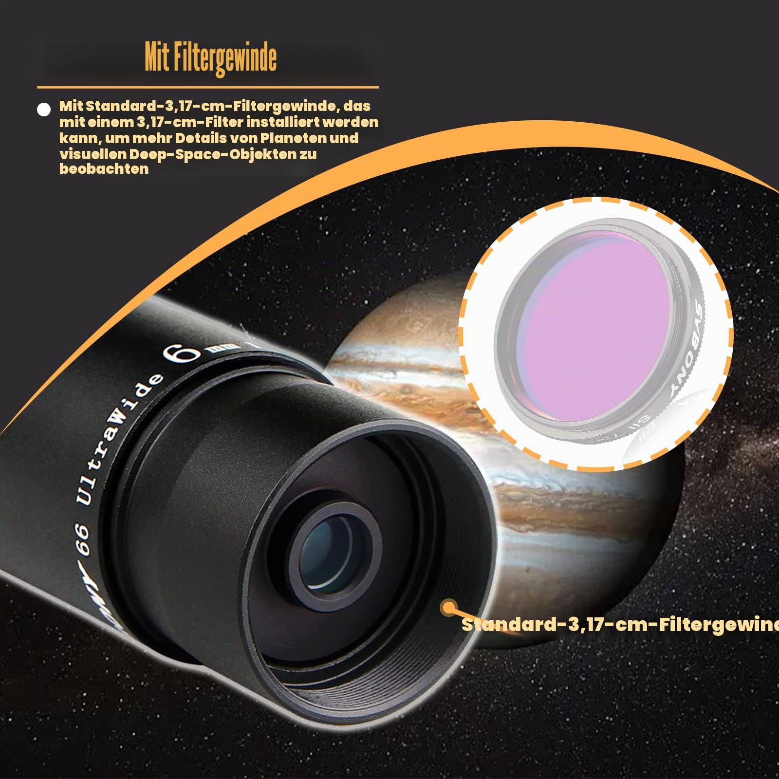 Svbony Okular Teleskop, 1,25” 6mm 66° Ultra Weitwinkel Teleskop Okular Angenehmes Sichtfeld Linse, Planeten Scharfe Bilder, für Mond Planeten Doppelstern