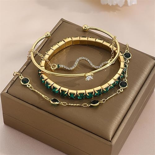 Miniatura 6 de Pulsera verde para mujer, pulseras apilables de diamantes de imitación, brazaletes dorados gruesos, vestido verde esmeralda para mujer, moda 2025