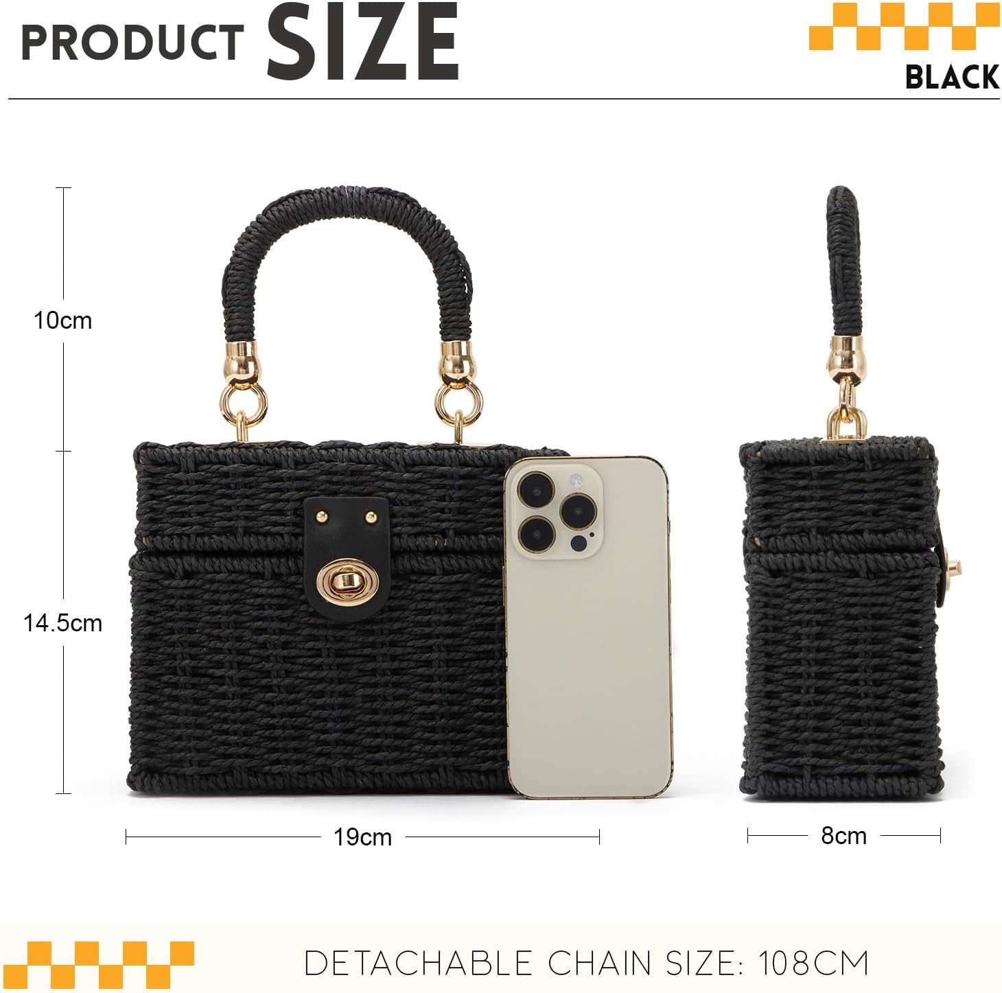 Oweisong Wicker Rattan Purse for Women Summer Beach Woven Straw Tote Bag | Box Basket Bucket, Square Purse, For Vacation, Boho Handbag, Black Beach Bag