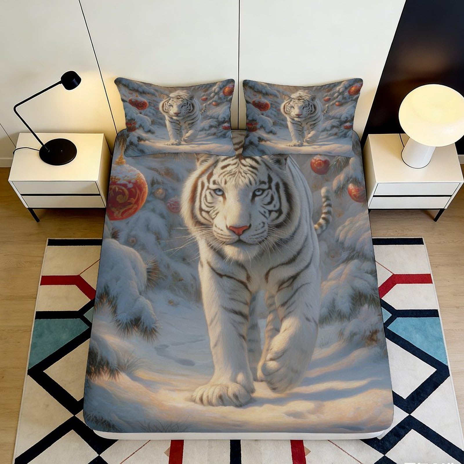 3D Printed White Tiger Forest Fitted Sheet Microfiber Soft Breathable Snow Landscape Mattress Cover for Bedroom Dorm Decor 90x200x25cm