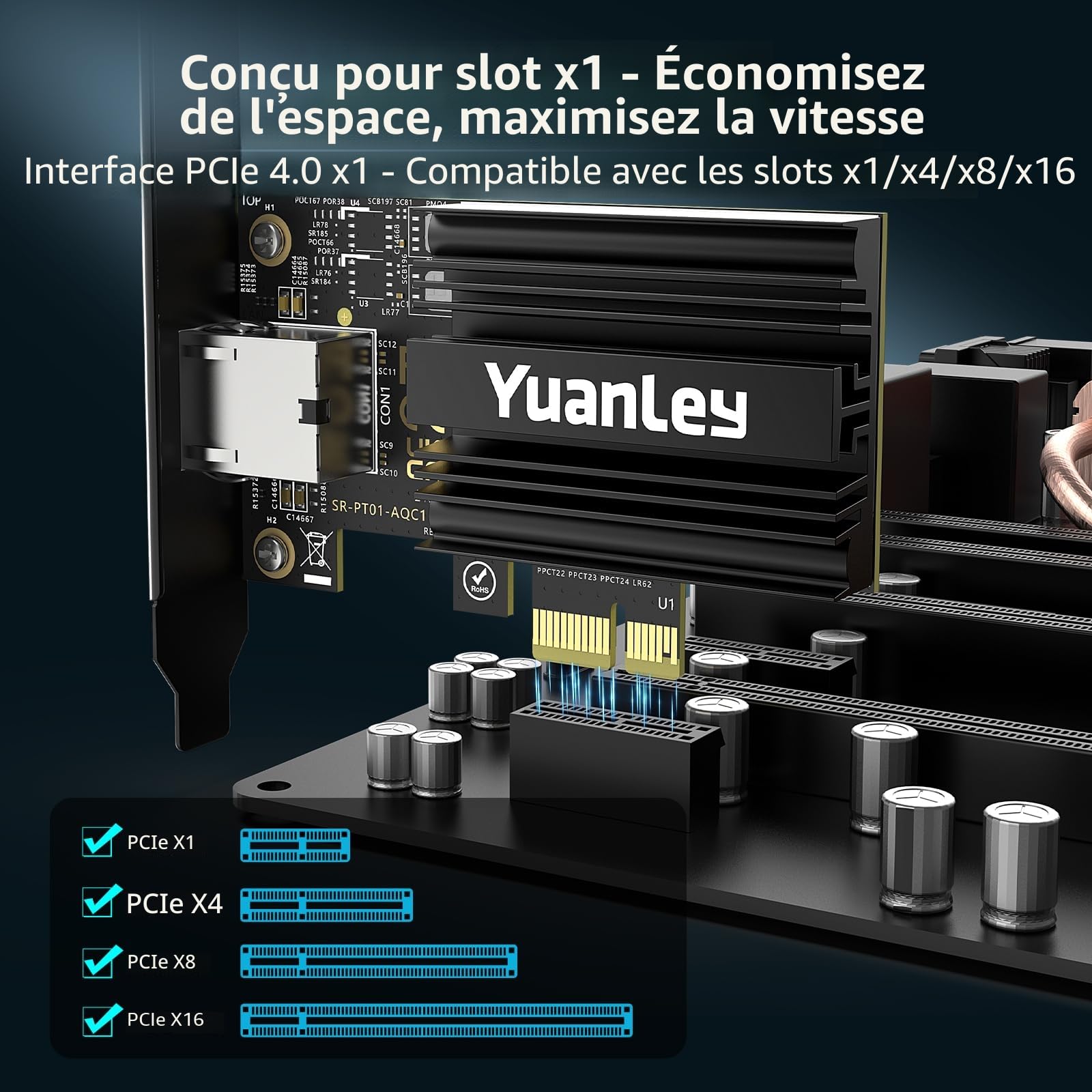 Carte Réseau PCIe 10G, YuanLey Carte Ethernet 10G Base-T avec Contrôleur Marvell AQC113, Adaptateur PCIe vers 10Gb RJ45 Ethernet NIC, Compatible avec PCI Express X1, X4, X8, X16