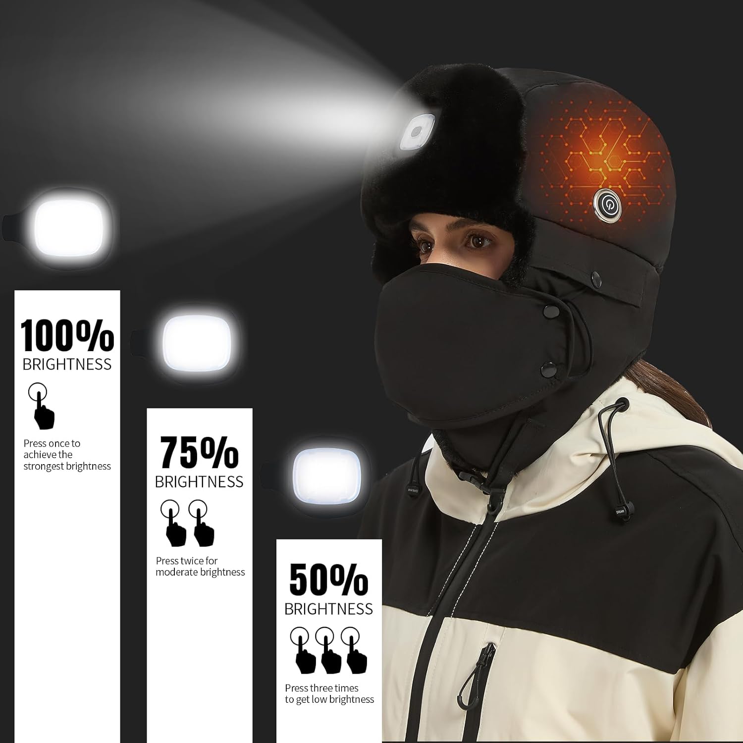 Heated Hat with Headlights, USB Rechargeable Hands-Free Headlamp LED Trapper Hat for Men Women Windproof Faux Fur Winter Hat - Image 3