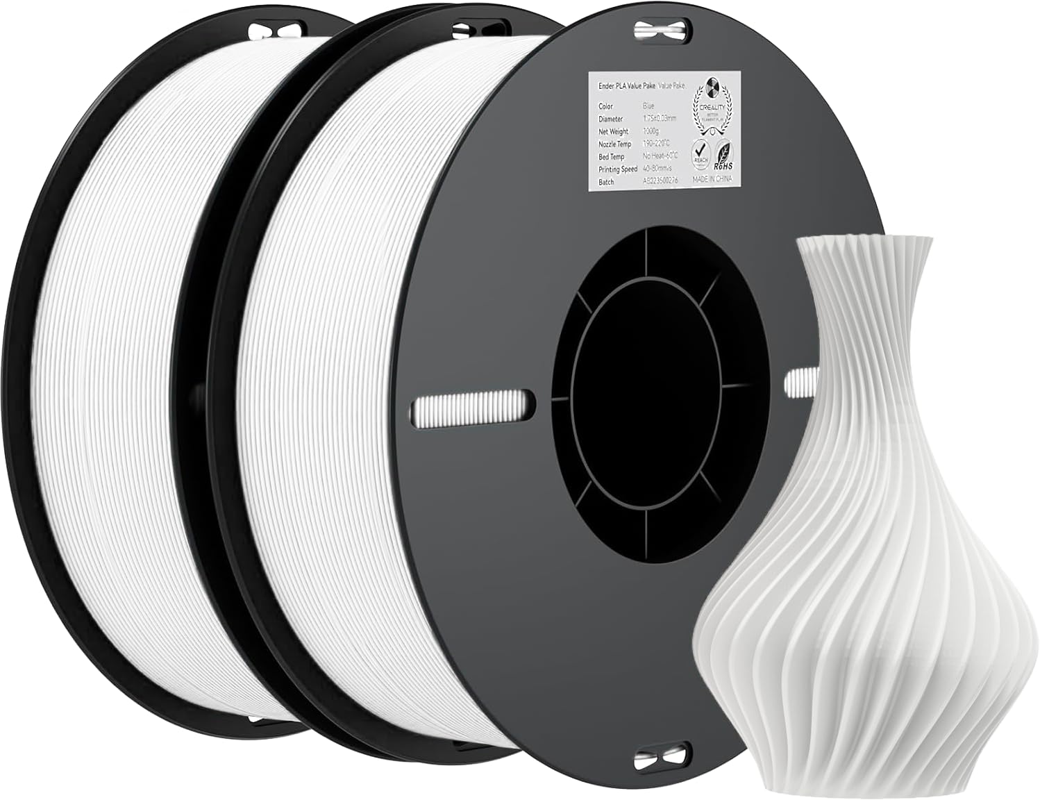 Creality PLA Filament 1.75mm Bundle 2KG, High Precision +/-0.02mm 3D Printer Filament, Consistent Extrusion, Smooth Printing, 2 Pack 1KG Spool,Fits for Most FDM 3D Printers(White*2)
