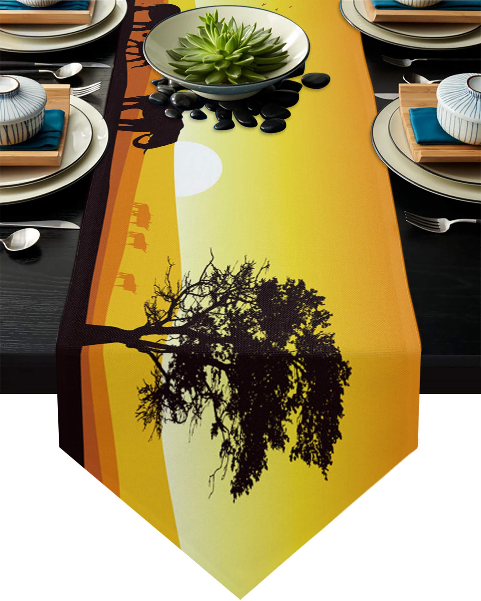 Table Runner for Event Decorations Africa Animal with Giraffe and Elephant at Sunset in Kenya Party Supplies Decorations for Holiday Wedding Birthday Baby Shower 13x70 inch