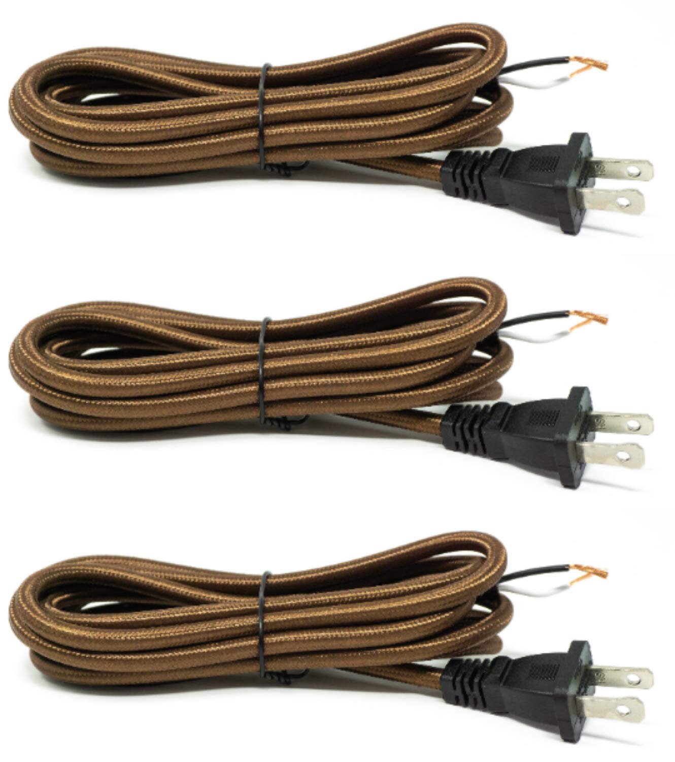 Follite Cloth Covered Round Lamp Wire with Plug 8 Feet Long…… (Brown, 3 Pack)