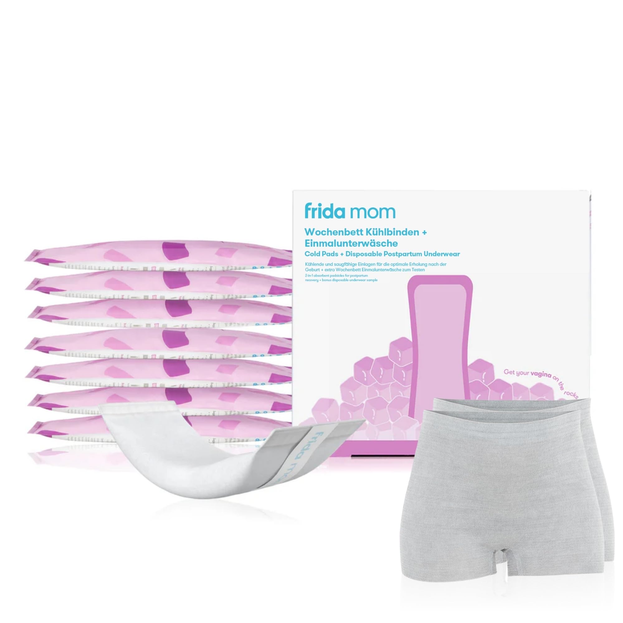 Frida Mom Wochenbett Kühlbinden & Einmalunterwäsche | 8 Instant-Kühlpads + 2 blickdichte Slips | Saugfähig, superweich & dehnbar | Für Komfort & Linderung nach der Geburt