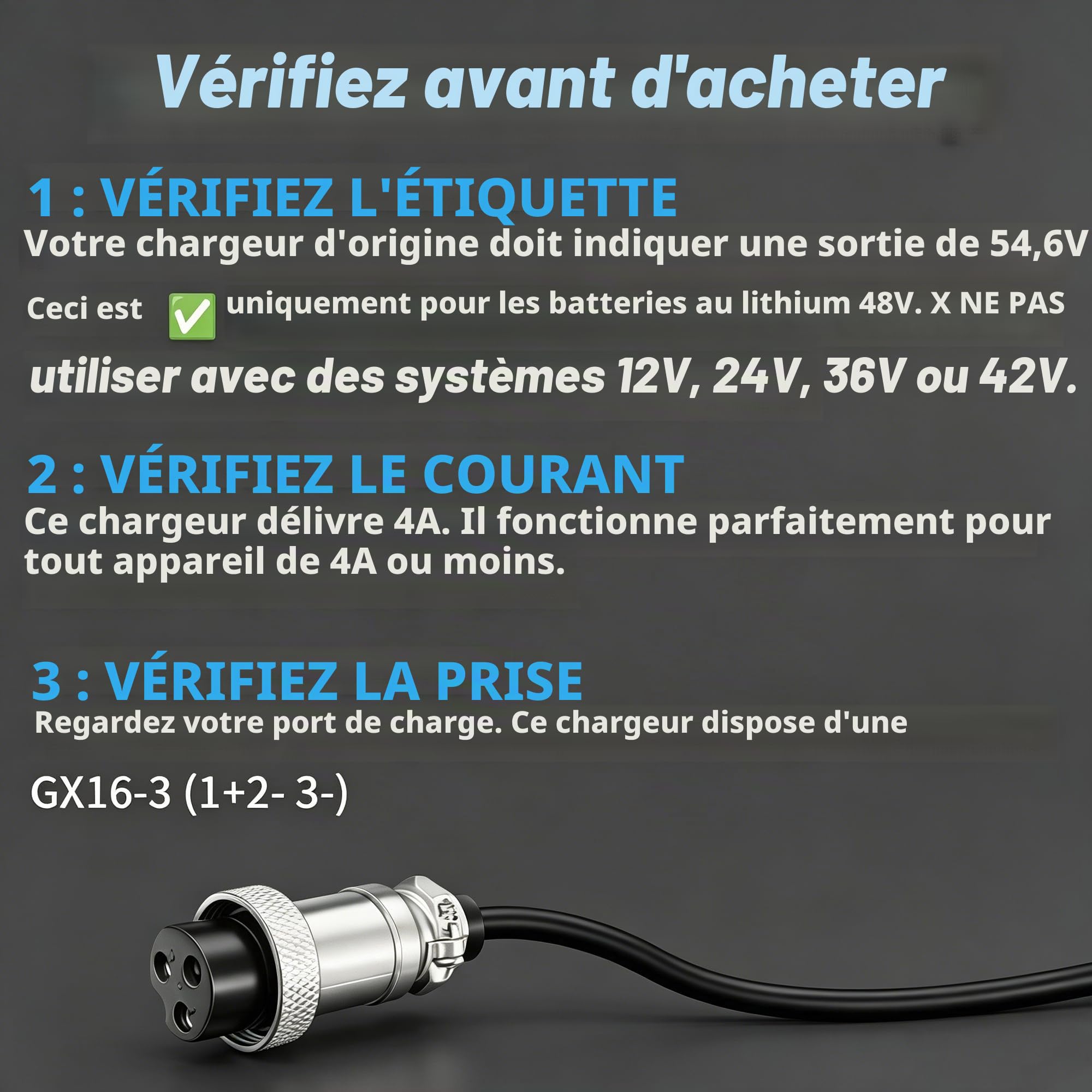 Chargeur 54,6V 4A pour vélo électrique à Batterie Lithium 48V | Compatible trottinettes électriques, ventilateur, affichage tension, protections multiples, connecteur GX16-3