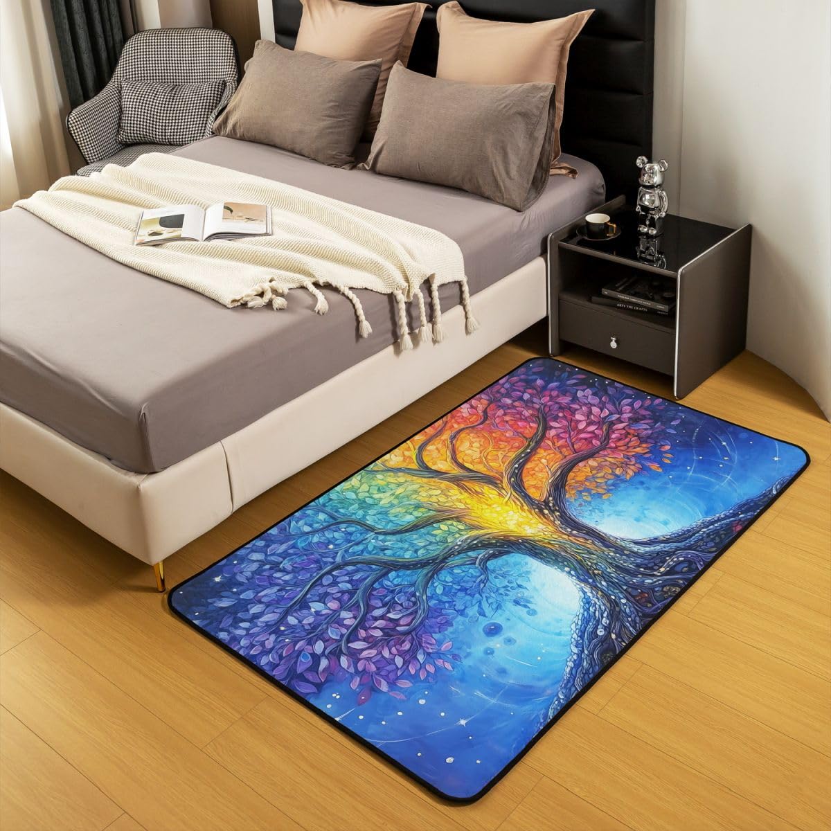 Homewish Kolorowy dywan z motywem drzewa życia, 150 x 200 cm, do sypialni, nowoczesny dywan boho do salonu, estetyczna tęcza, dzieło sztuki, nie gubi włosia, dywan, kosmiczny obraz, estetyczne duże