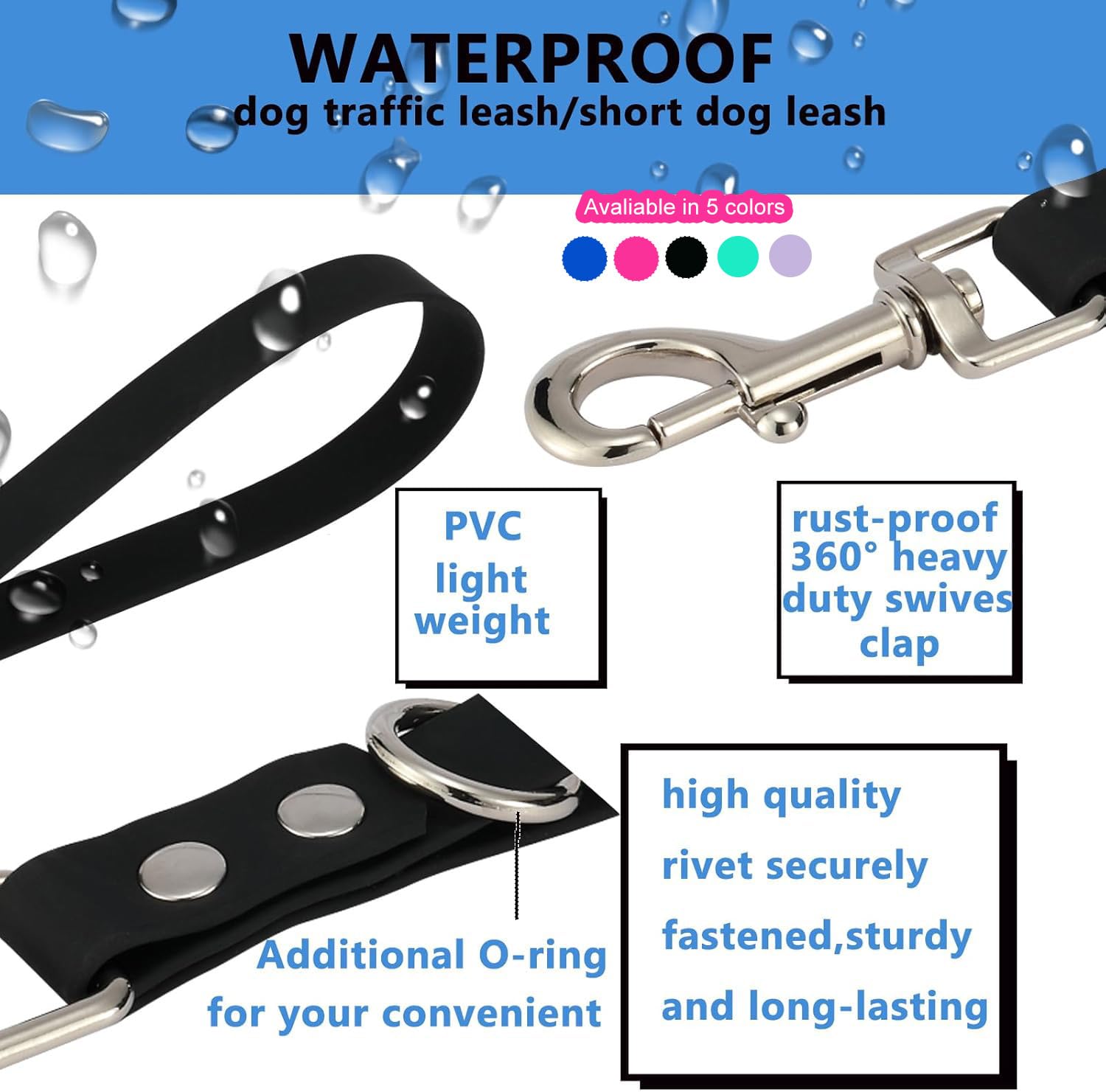 Correa corta para perro, correa verde de 9 pulgadas, resistente al agua, PVC, correas de tráfico para entrenamiento de perros, control de seguridad, corrección de comportamiento, senderismo, respaldo