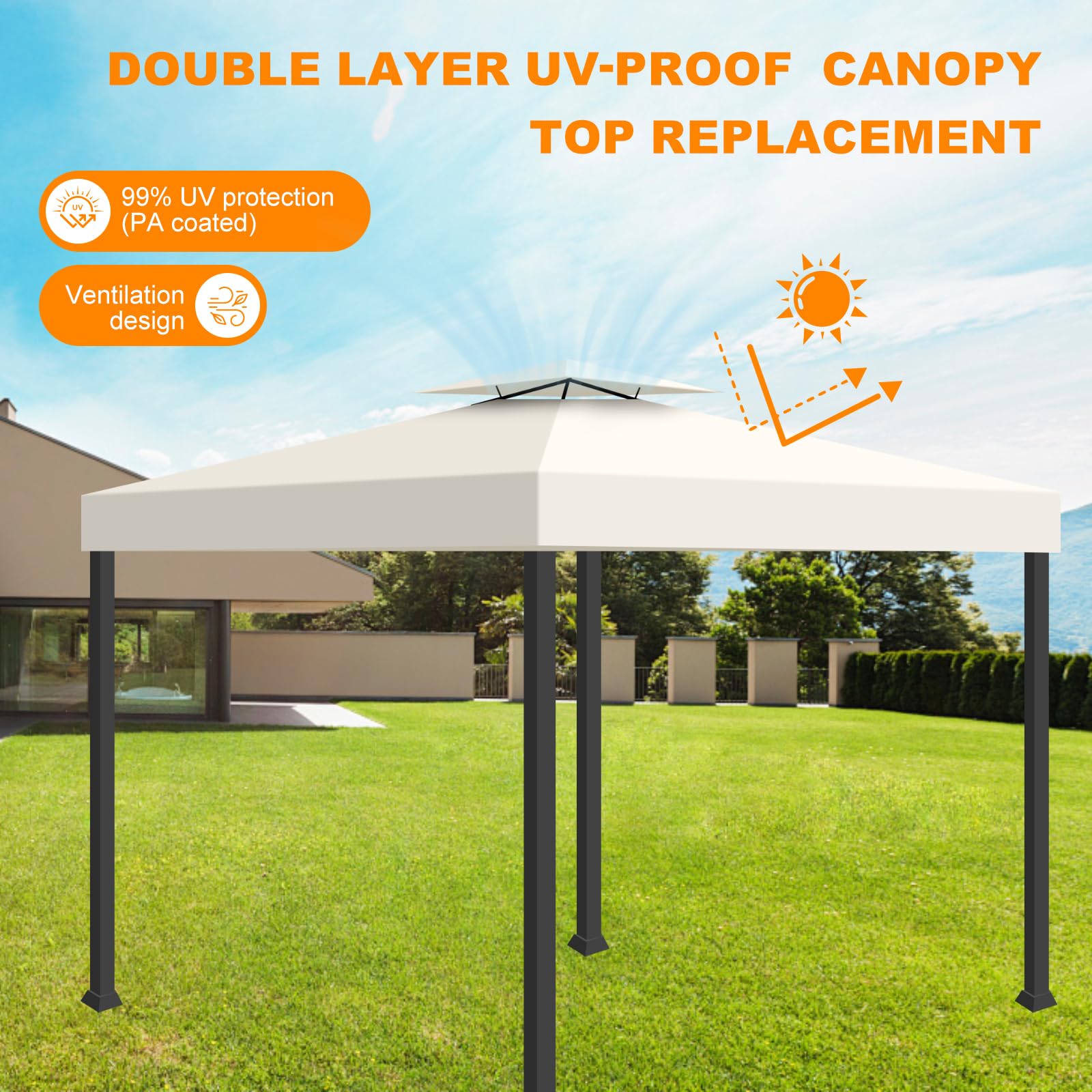 Telo Gazebo 3x3 m Impermeabile Anti-UV, 2 Livelli Tetto di Ricambio per Gazebo, Tenda da Sole Gazebo Rimovibile, 300D Poliestere Telo Ricambio Gazebo per Giardino, Patio, Esterni (Beige)