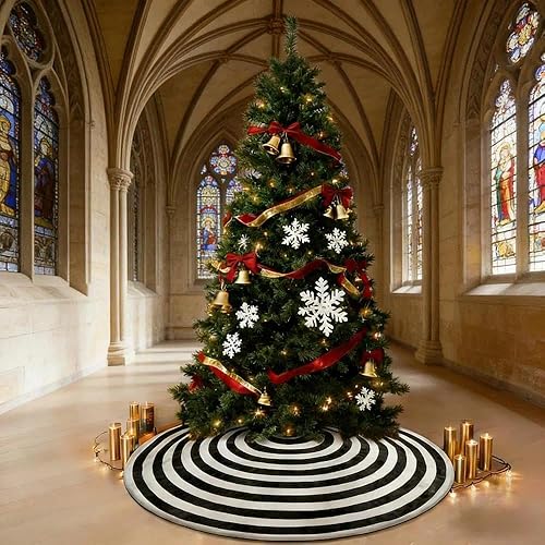 Falda de árbol de Navidad en blanco y negro de 36 pulgadas, pequeña falda de terciopelo en espiral para árbol de Halloween, tapete de árbol de