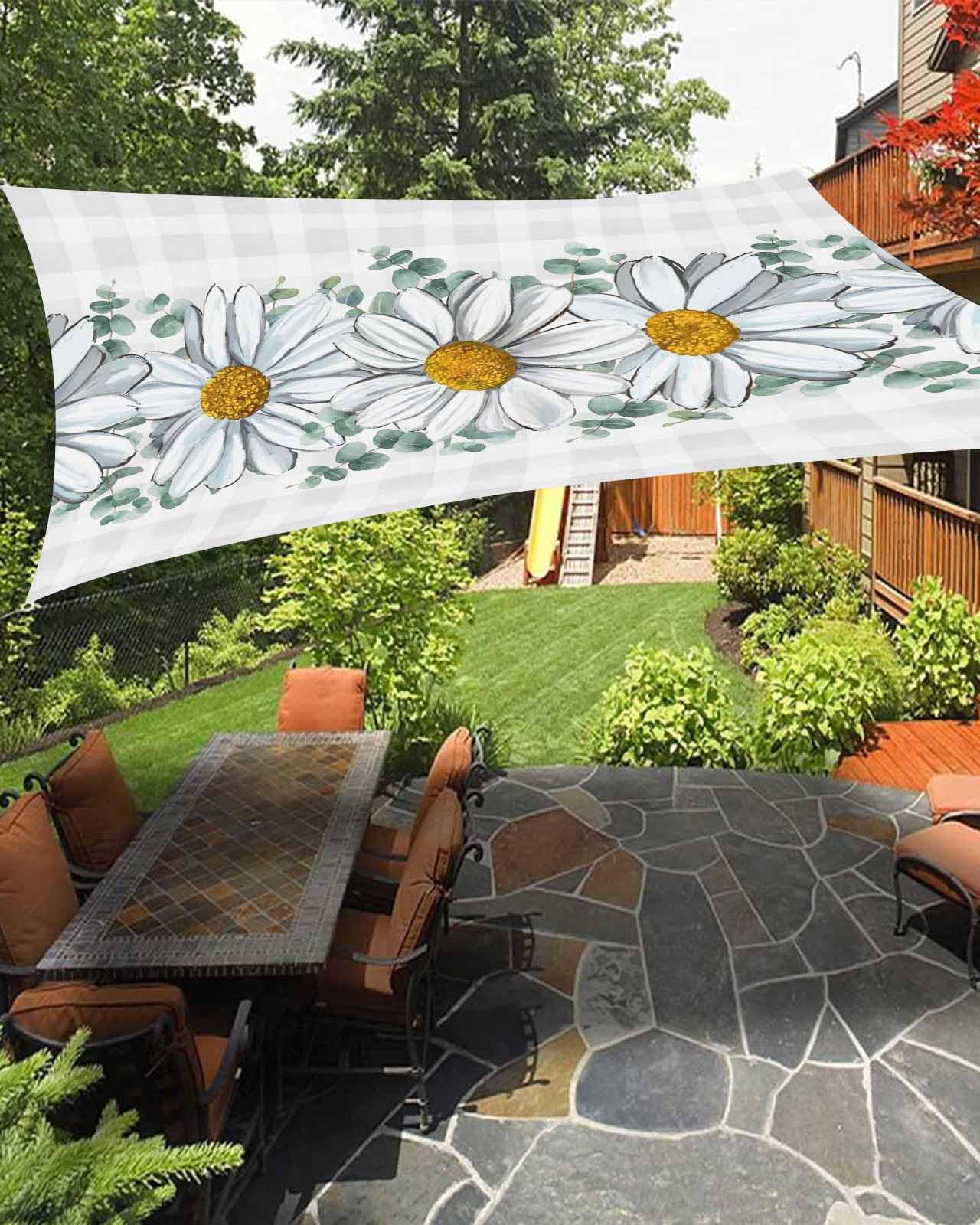 Boanket Sun Shade Sail 8' x 10', Spring Floral Rectangular Waterproof Outdoor Sun Shades, White Daisy Eucalyptus Leaves Checkered Shade Cloth for Patio Deck Terrace Garden Lawns Beach Backyard