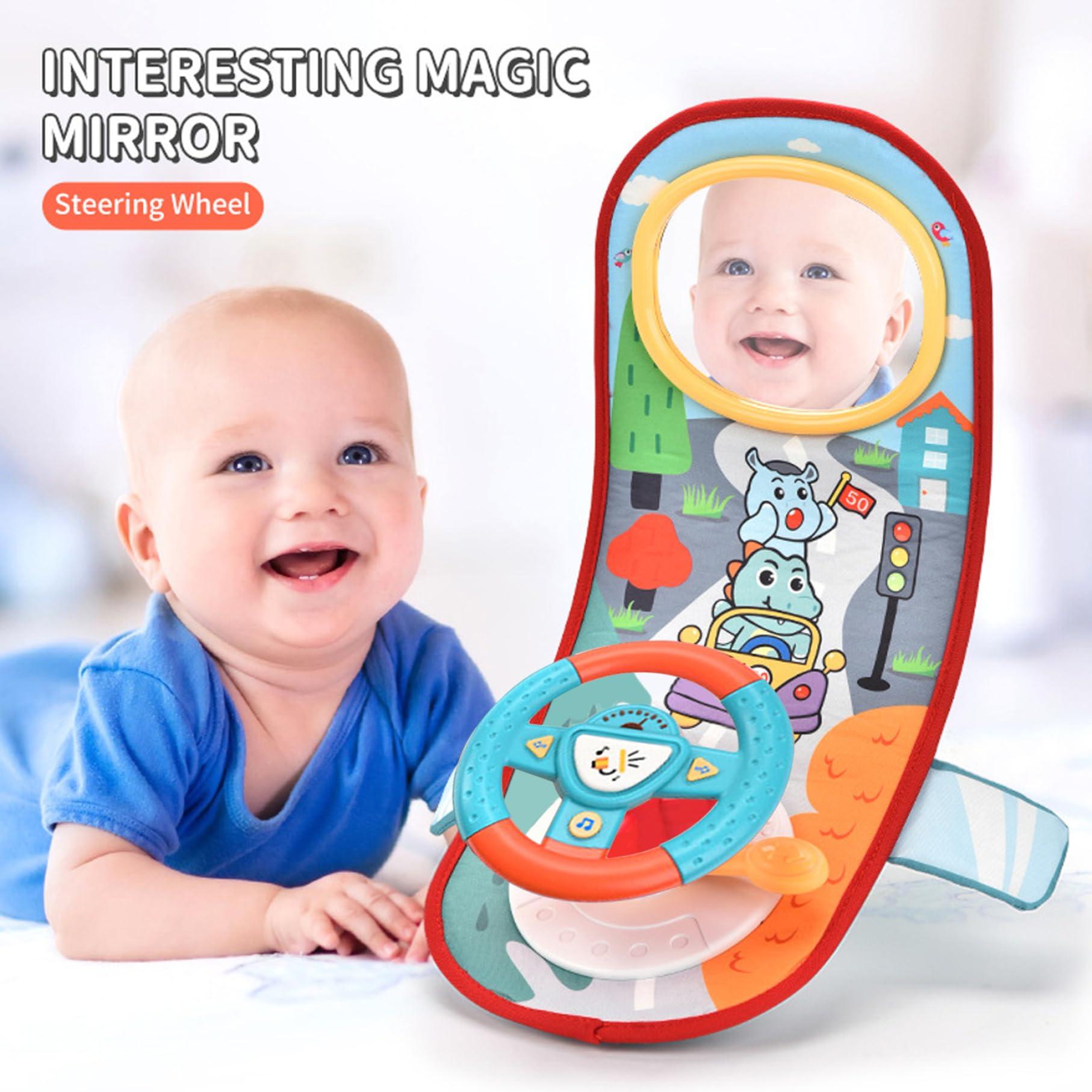 Giocattolo per seggiolino auto rivolto all'indietro, Volante per bambini con rotazione a 360° con specchio, musica, luci e suoni di guida, Volante per bambini da 12 mesi in su per sedile posteriore d