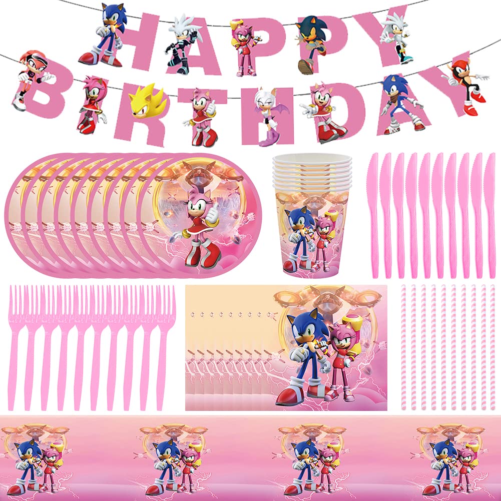Hilloly S-onic 72 Pieces Accessories Party Set, S-onic Tableware Set, Party Tableware, Birthday Tableware, Includes Tissue Paper, Cups, Plates, Straws, Knives and Forks, Tablecloth and Banner