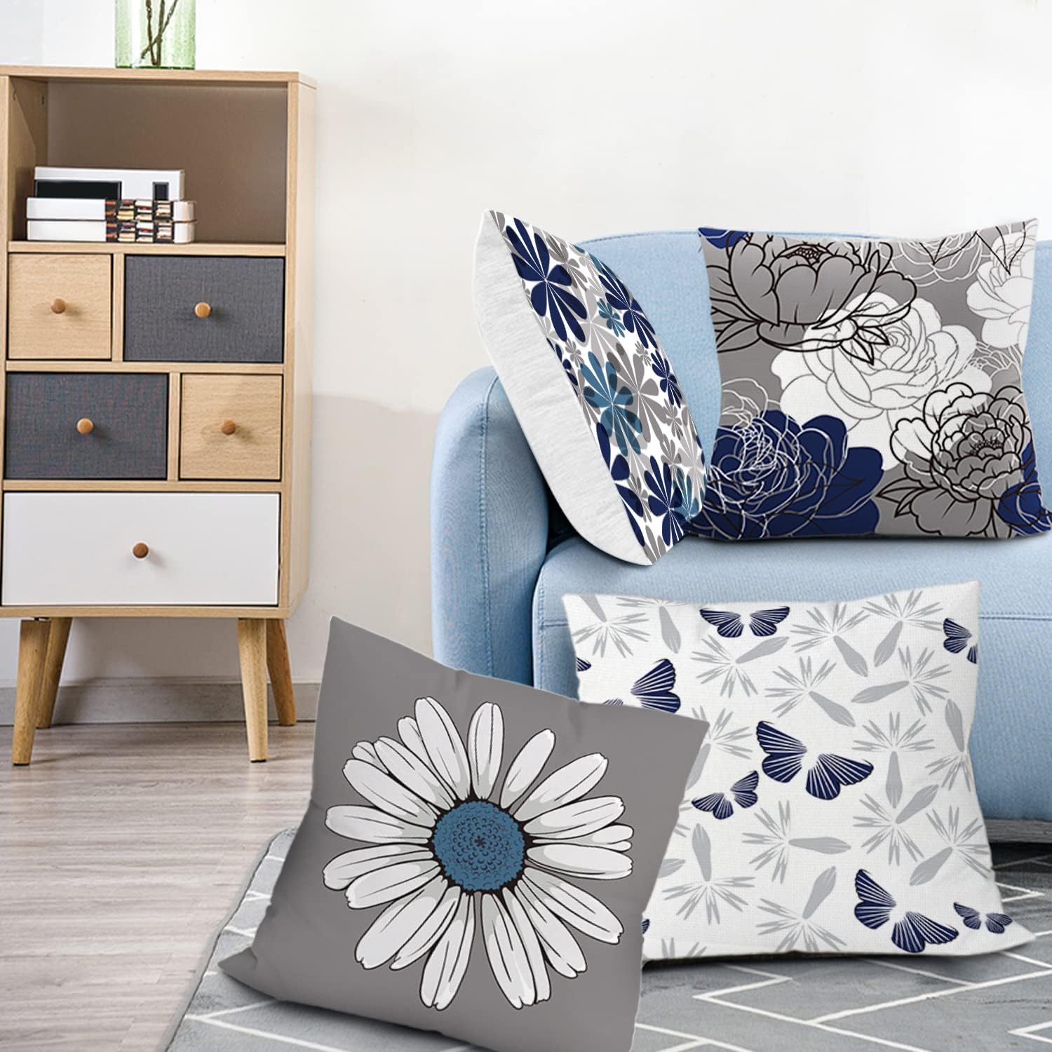 COMMINY Blue Grey Pillow Covers 18x18 Set of 6 Decorative Daisy Flower Throw Pillow Cover for Couch Modern Pillow Case for Patio Living Room Cushion Bed Farmhouse Home Decor - Image 7