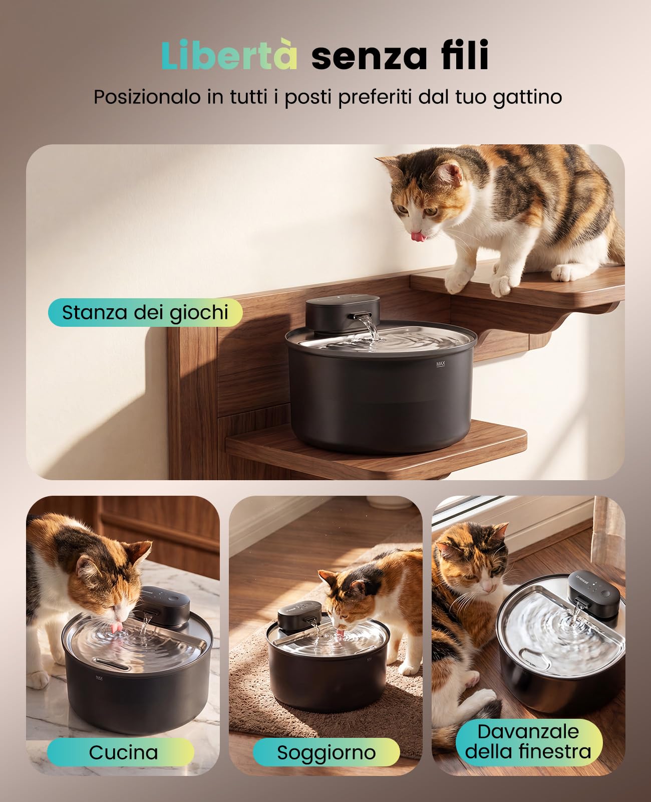 oneisall Fontana per gatti senza fili da 3,2L, fontana con sensore | ultra silenziosa a 20dB, batteria ricaricabile da 4000mAh, vaschetta in acciaio inossidabile, pulizia senza sforzo, senza BPA
