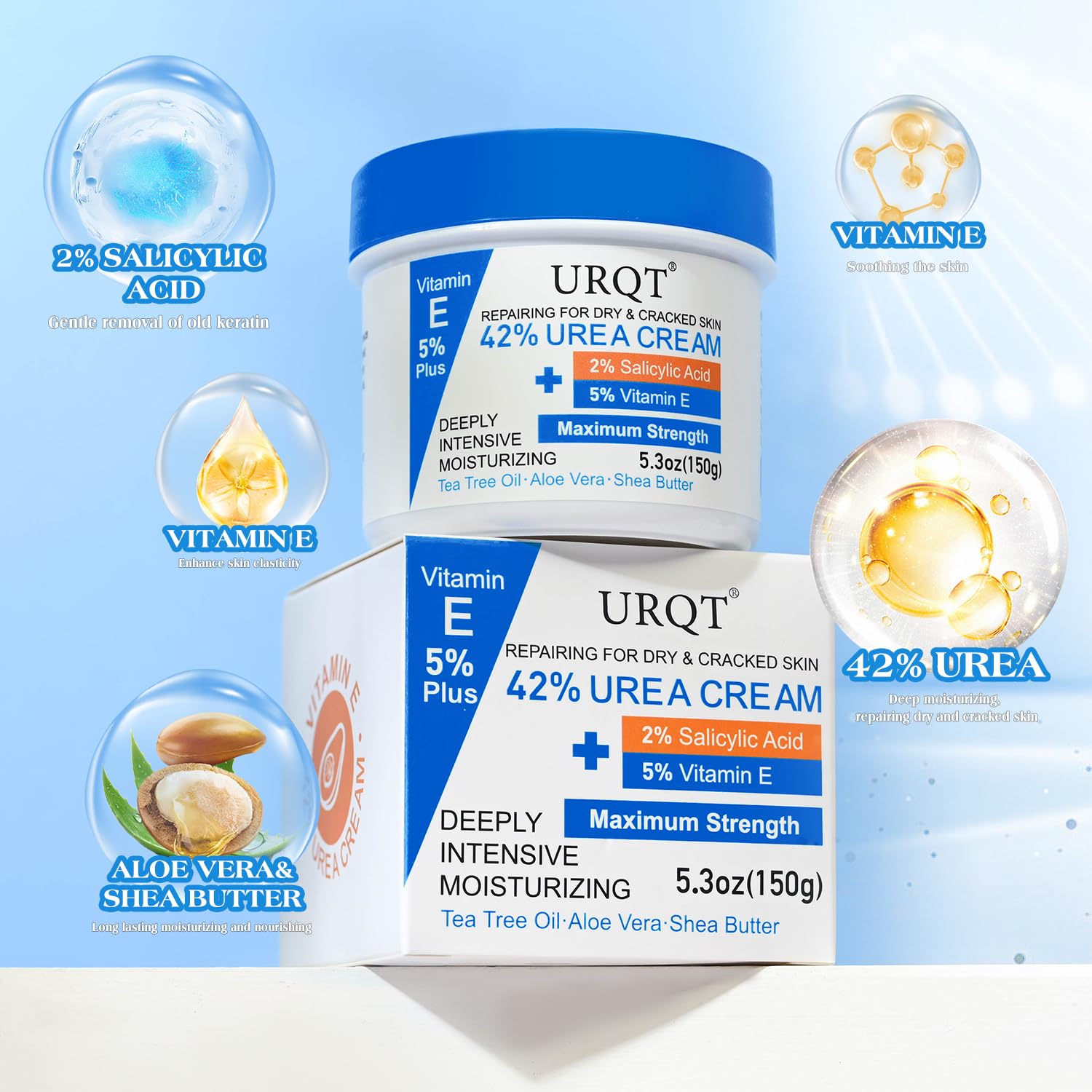42% Urea Cream with 2% Salicylic Acid & 5% Vitamin E - Intensive Moisturizer Foot & Hand Repair Cream for Dry Cracked Skin - 150g - Image 3