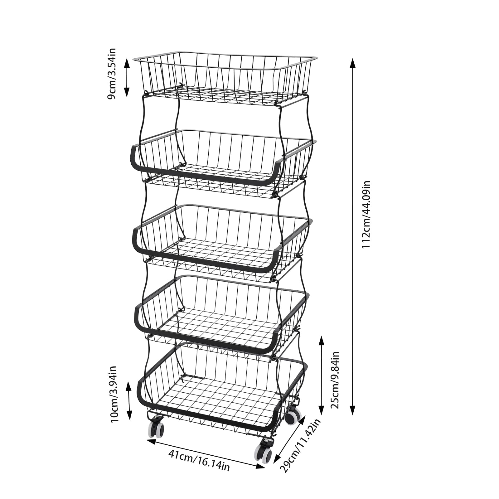 Carrito de cocina de 5 niveles, apilable, cesta de frutas, capacidad de carga de aproximadamente 22,05 libras, se puede mover a voluntad, diseño de rejilla y bandeja de recogida de agua, para colocar