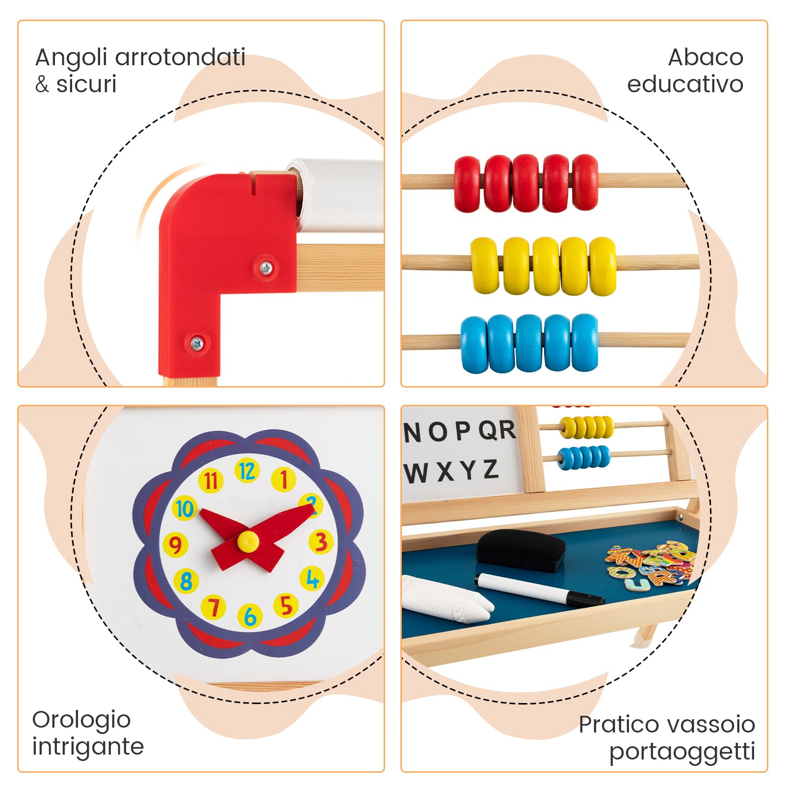 GYMAX Cavalletto Artistico in Legno per Bambini, Cavalletto per Pittura Bifacciale 3 in 1 con Lavagna, Lavagna Magnetica Girevole a 360°, Lettere Magnetiche, Abaco e Gomma, 62 x 45 x 118 cm
