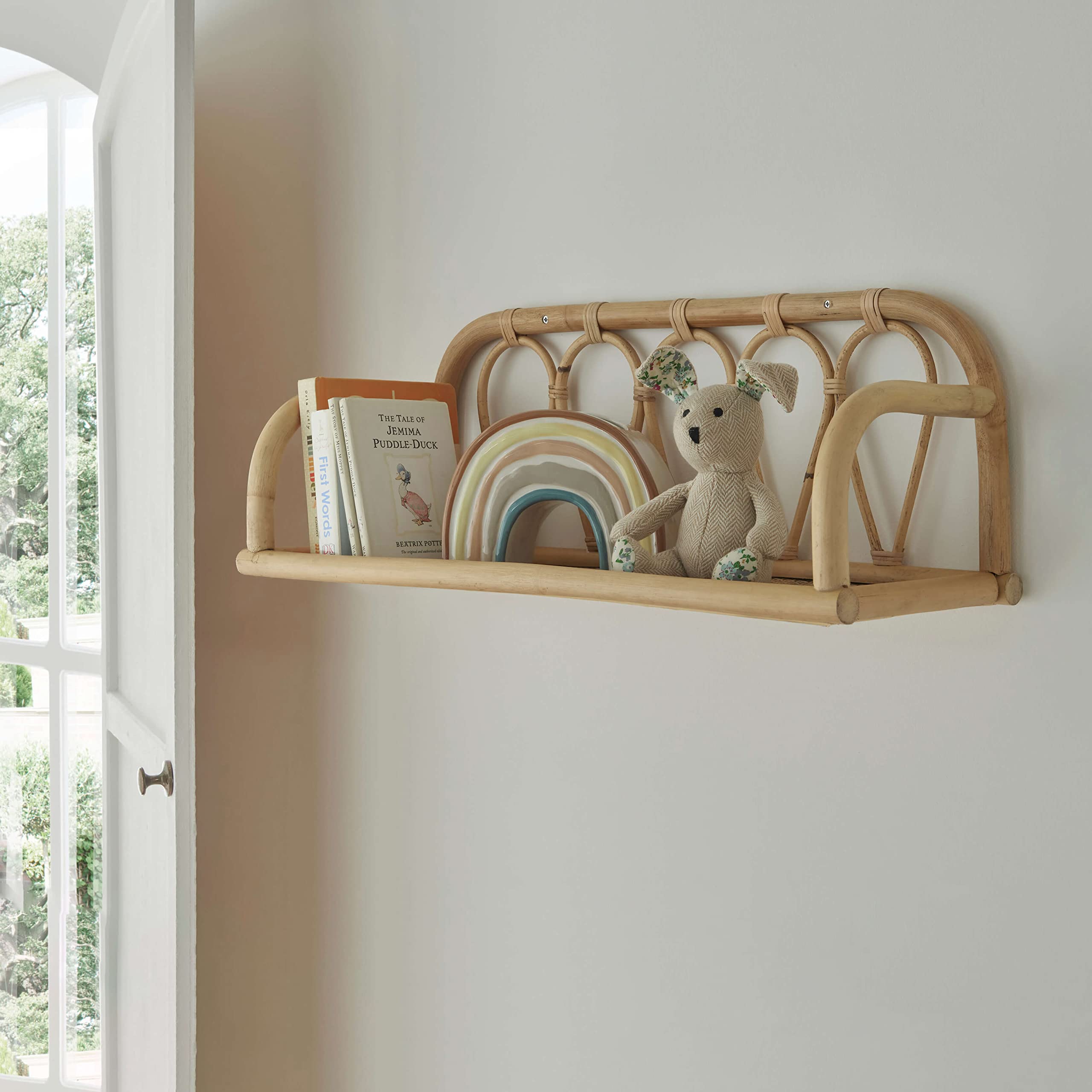 CuddleCo Aria Rattan Shelf for Books - Small (60cm) Wall Mounted Bookshelf - Handmade Book Shelf Display Organiser - Kid's Bedroom/Nursery Décor