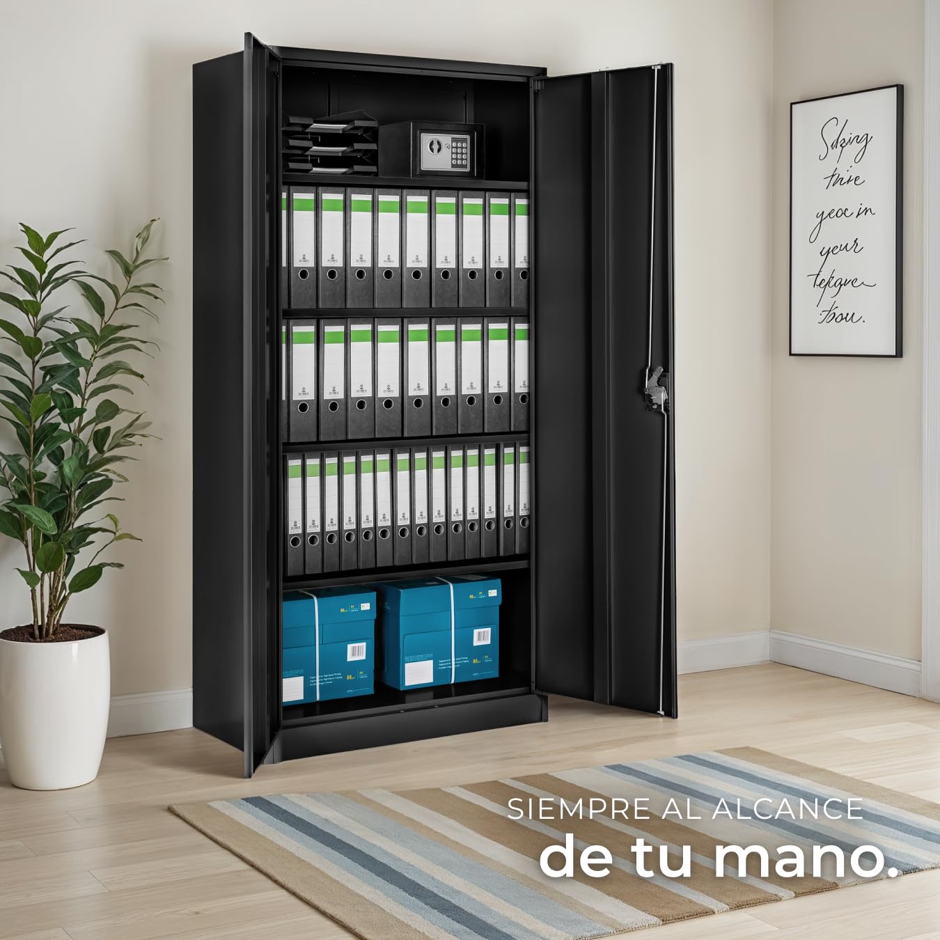 tectake® Armario Archivador Oficina en Acero 180x90x40 cm, Armario Exterior e Interior con Cerradura, Armario Multiusos con 2 Puertas, 4 Estantes Ajustables y 5 Alturas, Fácil Montaje - Negro